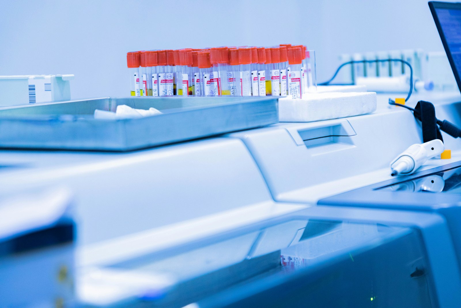 Haematology sample tubes ready for cell counting analysis